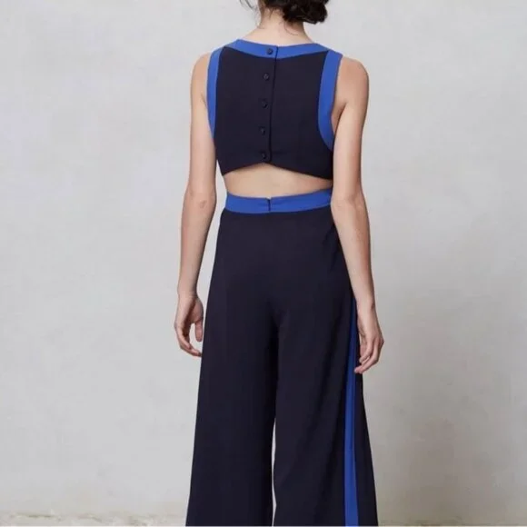 Anthropologie Elevenses Jumpsuit 10 Beca Blue Colorblock Wide Leg Copped Cut Out - Picture 3 of 15